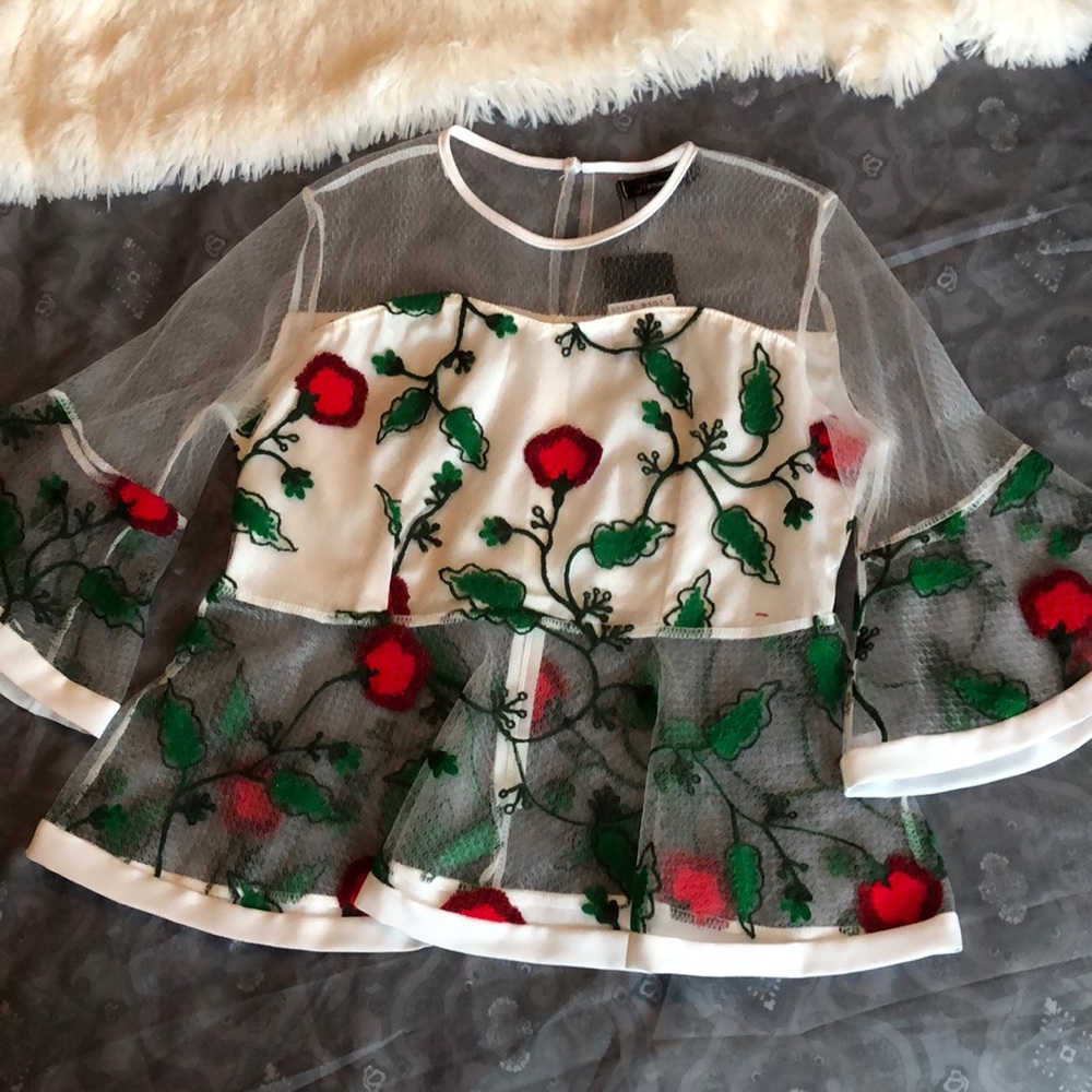 Sheer peplum embroidered top with bell sleeves